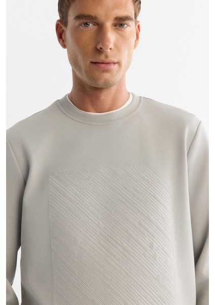Erkek Gri Bisiklet Yaka Pamuklu Baskılı Elastan Sweatshirt A42y1243