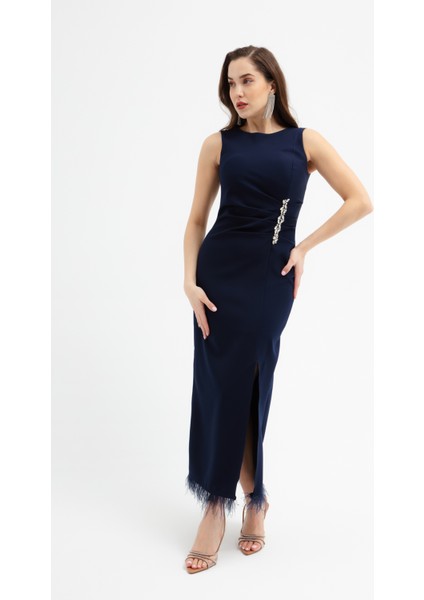 Kadın Lacivert Otrişli Söz Nişan Nikah Abiye Elbise