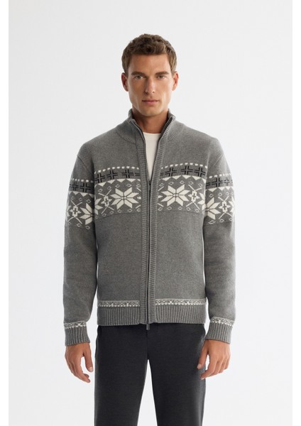 Erkek Gri Dik Yaka Fermuarlı Desenli Triko Regular Fit Hırka A42Y5177 indirimleri