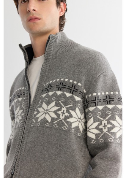 Erkek Gri Dik Yaka Fermuarlı Desenli Triko Regular Fit Hırka A42Y5177