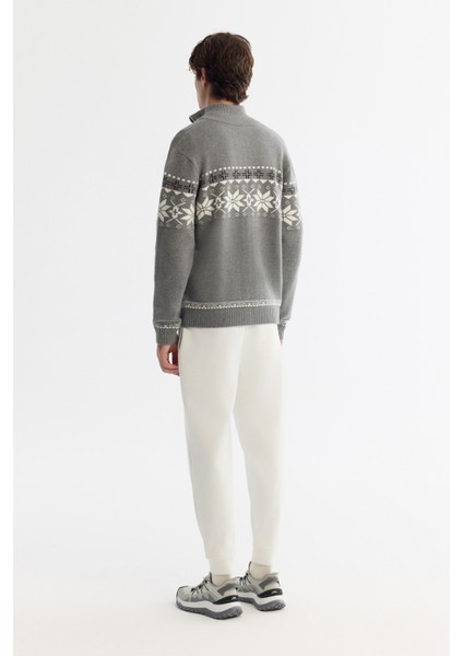 Erkek Gri Dik Yaka Fermuarlı Desenli Triko Regular Fit Hırka A42Y5177