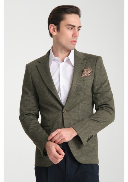 Ribas Erkek Yeşil Likralı Pamuk Karışımlı Ekose Desenli Slim Fit Spor Blazer Ceket