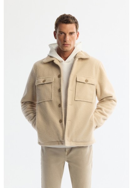 Erkek Bej Klasik Yaka Rüzgar Geçirmez Termometreli Peluş Comfort Fit Mont A42Y6085