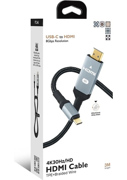 Type-C To 4K 30Hz Ultra Full Hd HDMI Usb-C Tak Çalıştır Görüntü Aktarım Kablosu 3 Metre Gold
