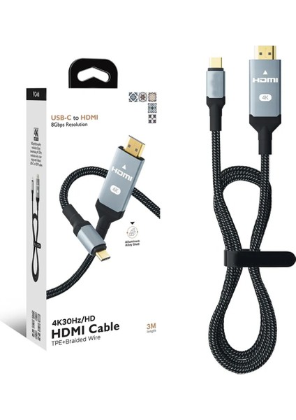 Type-C To 4K 30Hz Ultra Full Hd HDMI Usb-C Tak Çalıştır Görüntü Aktarım Kablosu 3 Metre Gold