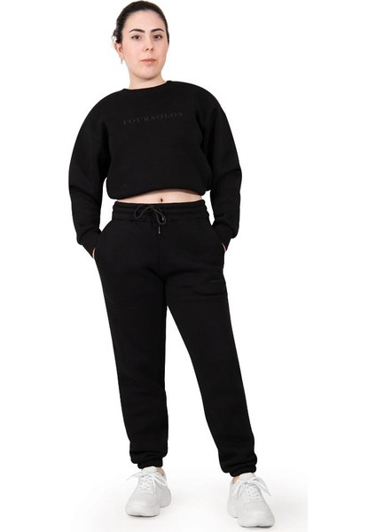 Siyah Kadın Jogger, 3 Iplik Kumaş, Normal Fit