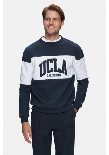 ARCHER Lacivert Bisiklet Yaka Nakışlı Şardonlu Loose Fit Erkek Sweatshirt