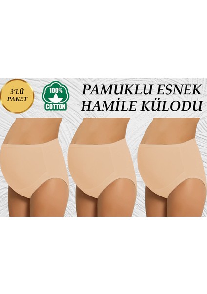 Üçlü Ten Rengi Yüksek Bel Toparlayıcı Hamile Lohusa Esnek Külot %100 Pamuklu