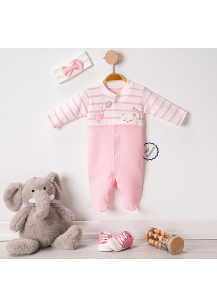 Çizgili Kedi ve Kuş Kız Bebek Tulumu