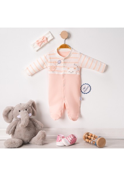 Çizgili Kedi ve Kuş Kız Bebek Tulumu