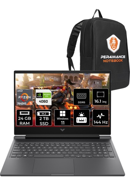 Victus 16 Amd Ryzen 5 7640HS 24GB 2tb SSD RTX4060/8GB 16.1" Fhd 144Hz Windows 11 Home Taşınabilir Bilgisayar & Per4 Çanta 7Z5Z2EAPN354