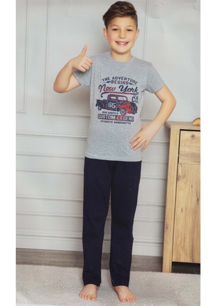 Kısa Kol Tişört , Uzun Pantolon Baskılı Erkek Çocuk Pijama M00673