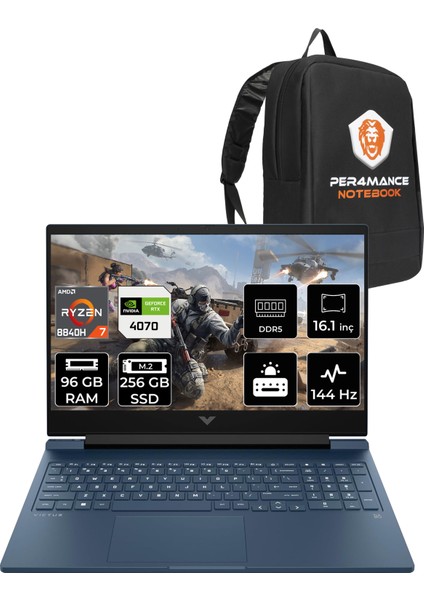 Victus 16 Amd Ryzen 7 8840H 96GB 256GB SSD RTX4070/8GB 16.1" Fhd 144Hz Fdos Taşınabilir Bilgisayar & Per4 Çanta A05N7EAPN336 fiyatları