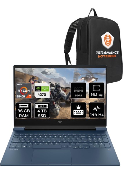 Victus 16 Amd Ryzen 7 8840H 96GB 4tb SSD RTX4070/8GB 16.1" Fhd 144Hz Fdos Taşınabilir Bilgisayar & Per4 Çanta A05N7EAPN340