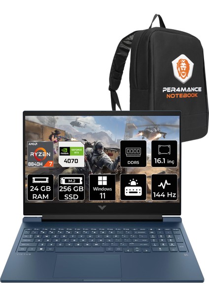 Victus 16 Amd Ryzen 7 8840H 24GB 256GB SSD RTX4070/8GB 16.1" Fhd 144HzWindows 11 Pro Taşınabilir Bilgisayar & Per4 Çanta A05N7EAPN391