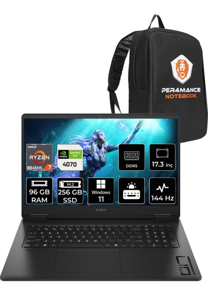 Omen 17 Amd Ryzen 7 8845HS 96GB 256GB SSD RTX4070/8GB 17.3" Fhd 144HzWindows 11 Pro Taşınabilir Bilgisayar & Per4 Çanta A44QQEAPN416