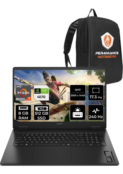 Omen 17 Amd Ryzen 7 8845HS 8gb 512GB SSD RTX4070/8GB 17.3" Qhd 240Hz Fdos Taşınabilir Bilgisayar & Per4 Çanta A44QLEAPN302