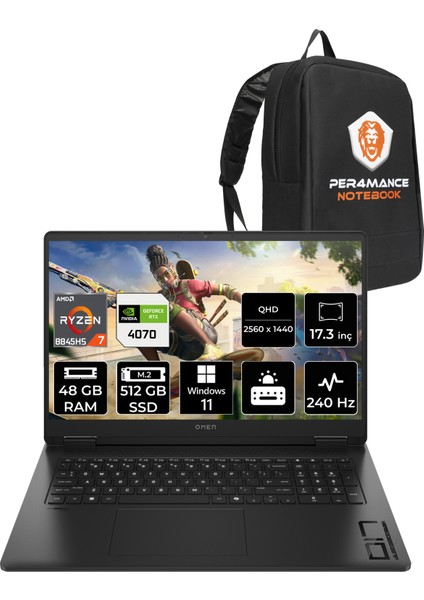Omen 17 Amd Ryzen 7 8845HS 48GB 512GB SSD RTX4070/8GB 17.3" Qhd 240Hz Windows 11 Home Taşınabilir Bilgisayar & Per4 Çanta A44QLEAPN367