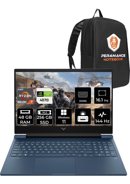 Victus 16 Amd Ryzen 7 8840H 48GB 256GB SSD RTX4070/8GB 16.1" Fhd 144HzWindows 11 Pro Taşınabilir Bilgisayar & Per4 Çanta A05N7EAPN406