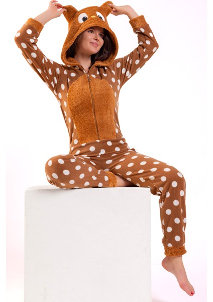 Kadın Kahve Ayıcık Puanlı Polar Tulum