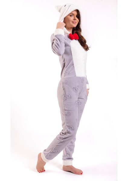 Kadın Gri Kedi Baskılı Polar Tulum modelleri