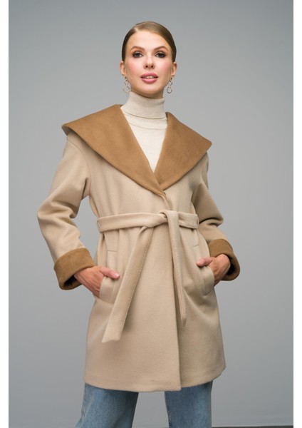 Kapüşonlu Garni Detaylı Oversize Kaban Bej 3069