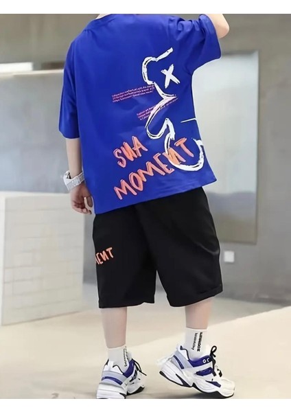Özel Tasarım Blue Bear Baby Dijital Baskılı Erkek Çocuk Modern T-Shirt Short Takım