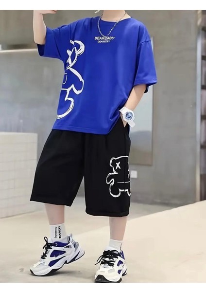 Özel Tasarım Blue Bear Baby Dijital Baskılı Erkek Çocuk Modern T-Shirt Short Takım fiyatları