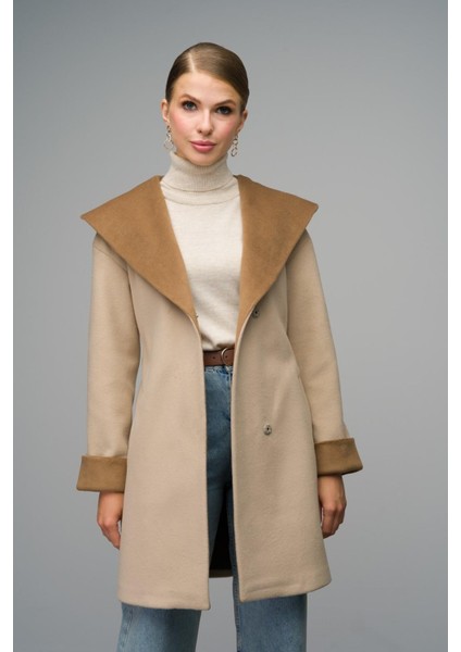 Kapüşonlu Garni Detaylı Oversize Kaban Bej 3069 modelleri