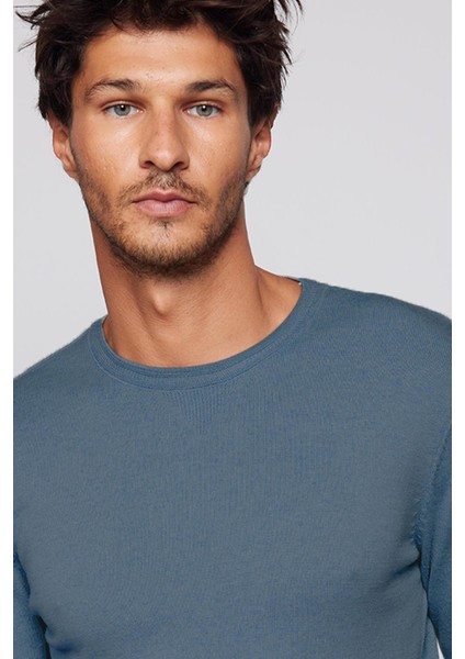 Erkek Slim Fit Dar Kesim Bisiklet Yaka Indigo Triko Kazak