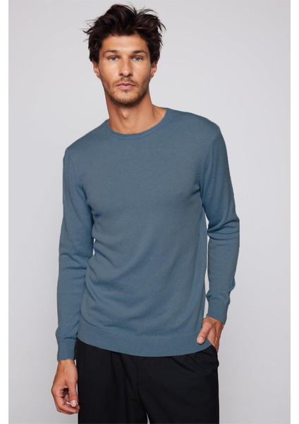 Erkek Slim Fit Dar Kesim Bisiklet Yaka Indigo Triko Kazak fiyatları