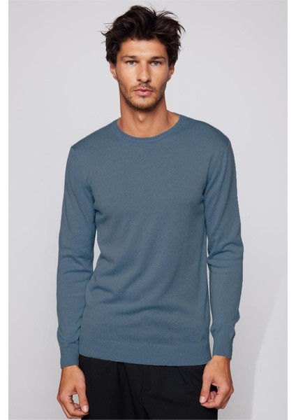Erkek Slim Fit Dar Kesim Bisiklet Yaka Indigo Triko Kazak fırsatları