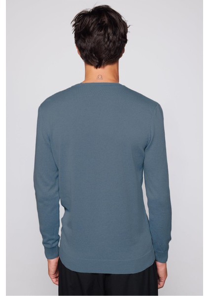 Erkek Slim Fit Dar Kesim Bisiklet Yaka Indigo Triko Kazak indirimleri