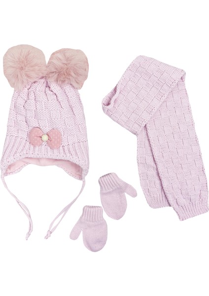 Mix- Fiyonk Triko Bebek Atkı Bere Eldiven Set Lila