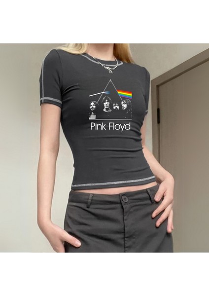 Rock Serisi Pink Floyd Antrasit Crop Bluz