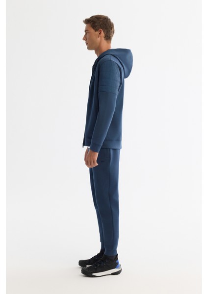 Erkek İndigo Kapüşonlu Pamuklu Fermuarlı Elastan Regular Fit Sweatshirt A42Y1264