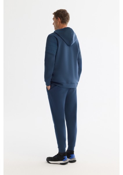 Erkek İndigo Kapüşonlu Pamuklu Fermuarlı Elastan Regular Fit Sweatshirt A42Y1264
