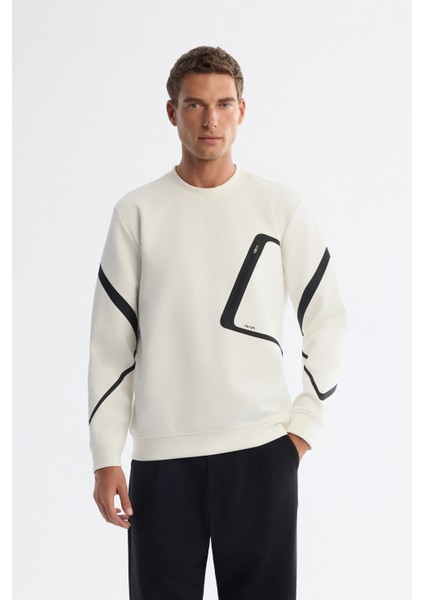 Erkek Ekru Bisiklet Yaka Pamuklu Baskılı Sweatshirt A42y1317