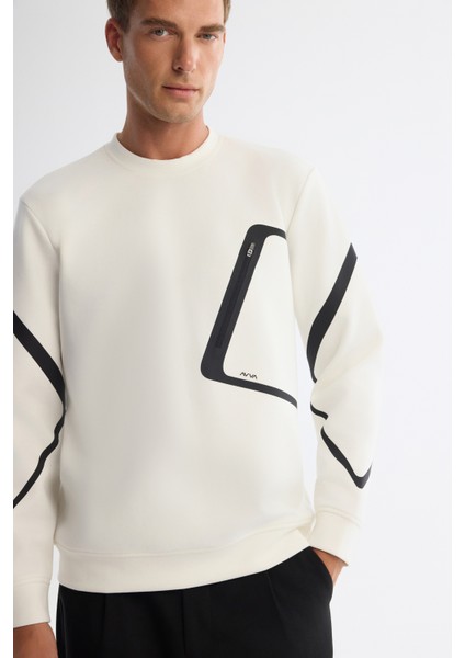 Erkek Ekru Bisiklet Yaka Pamuklu Baskılı Sweatshirt A42y1317