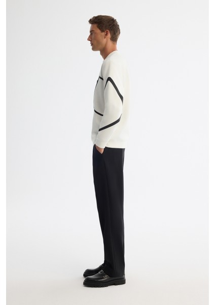 Erkek Ekru Bisiklet Yaka Pamuklu Baskılı Sweatshirt A42y1317