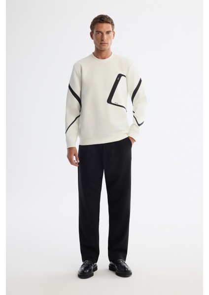 Erkek Ekru Bisiklet Yaka Pamuklu Baskılı Sweatshirt A42y1317