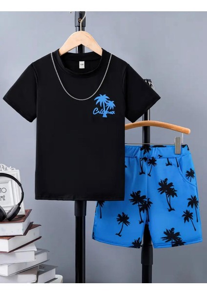 Özel Tasarım Mavi Palmiye Baskılı Yaz Stili Erkek Çocuk T-Shirt Short Takım