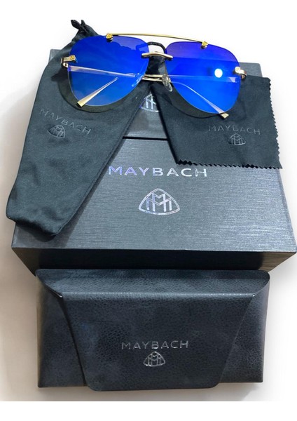Maybach Desing Altın Sarı Mavi Krom Erkek Güneş Gözlüğü Tam Set