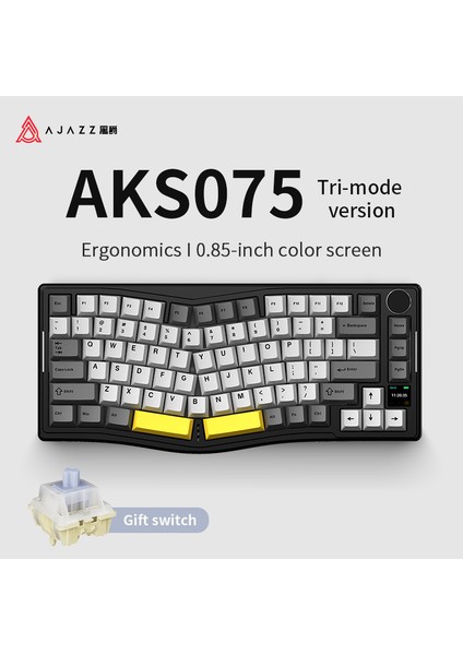 Ajazz AKS-075 Ergonomik Tasarım, Tft Ekranlı 3 Modlu Mekanik Klavye Mor Beyaz - Flying Fish Switch