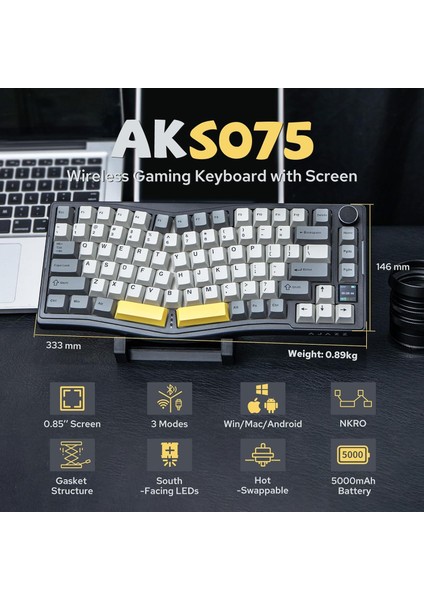 Ajazz AKS-075 Ergonomik Tasarım, Tft Ekranlı 3 Modlu Mekanik Klavye Mor Beyaz - Flying Fish Switch