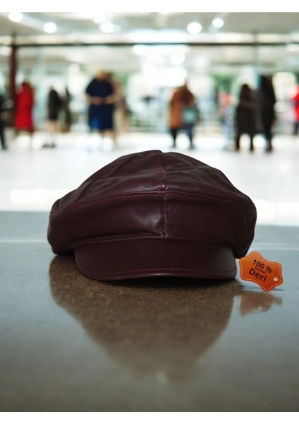 Hakiki Deri Kasket Şapka Erkek Bordo Rengi Hakikideribordokasket1