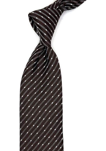 Parto Style Kahverengi Çizgi Desen Italyan Ipek Kravat İK1785