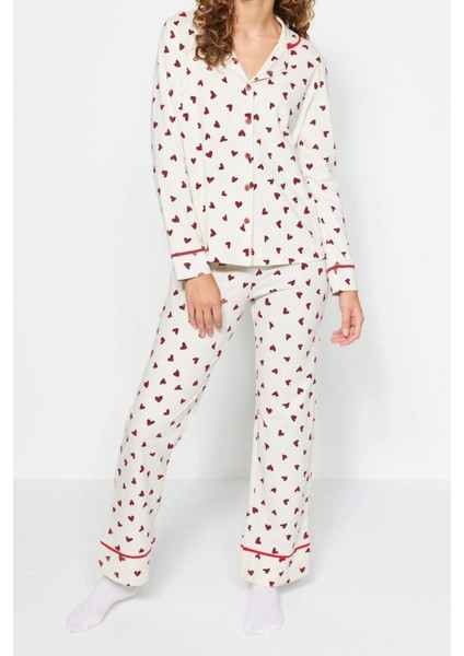 Kadın Moda Gömlek Yaka Boru Paça Uzun Kol Pamuk Kalp Desenli Gömlek-Pantolon Örme Pijama Takımı