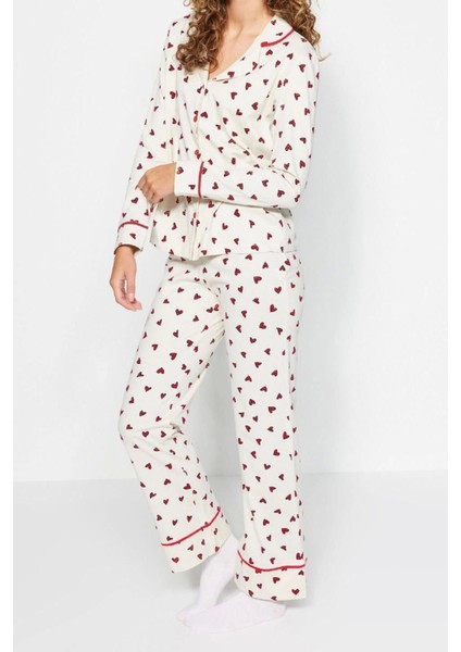 Kadın Moda Gömlek Yaka Boru Paça Uzun Kol Pamuk Kalp Desenli Gömlek-Pantolon Örme Pijama Takımı