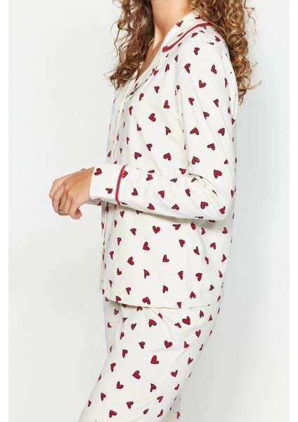 Kadın Moda Gömlek Yaka Boru Paça Uzun Kol Pamuk Kalp Desenli Gömlek-Pantolon Örme Pijama Takımı